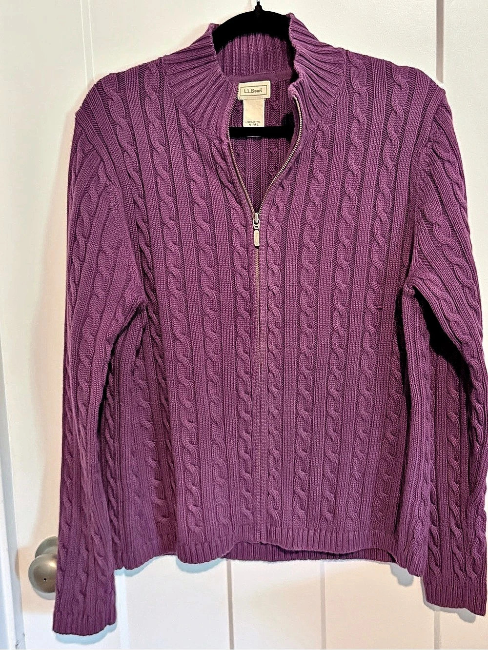 L.L.Bean Cotton Cable-Knit Full-Zip Mock Neck Sweater Purple Medium